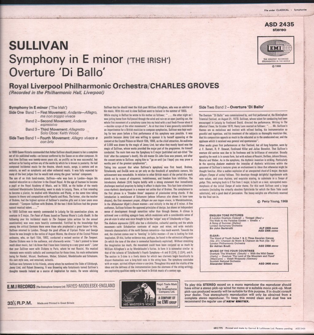 Charles Groves / Royal Liverpool Philharmonic Orchestra - Sullivan - Irish Symphony / Overture Di Ballo - Lp