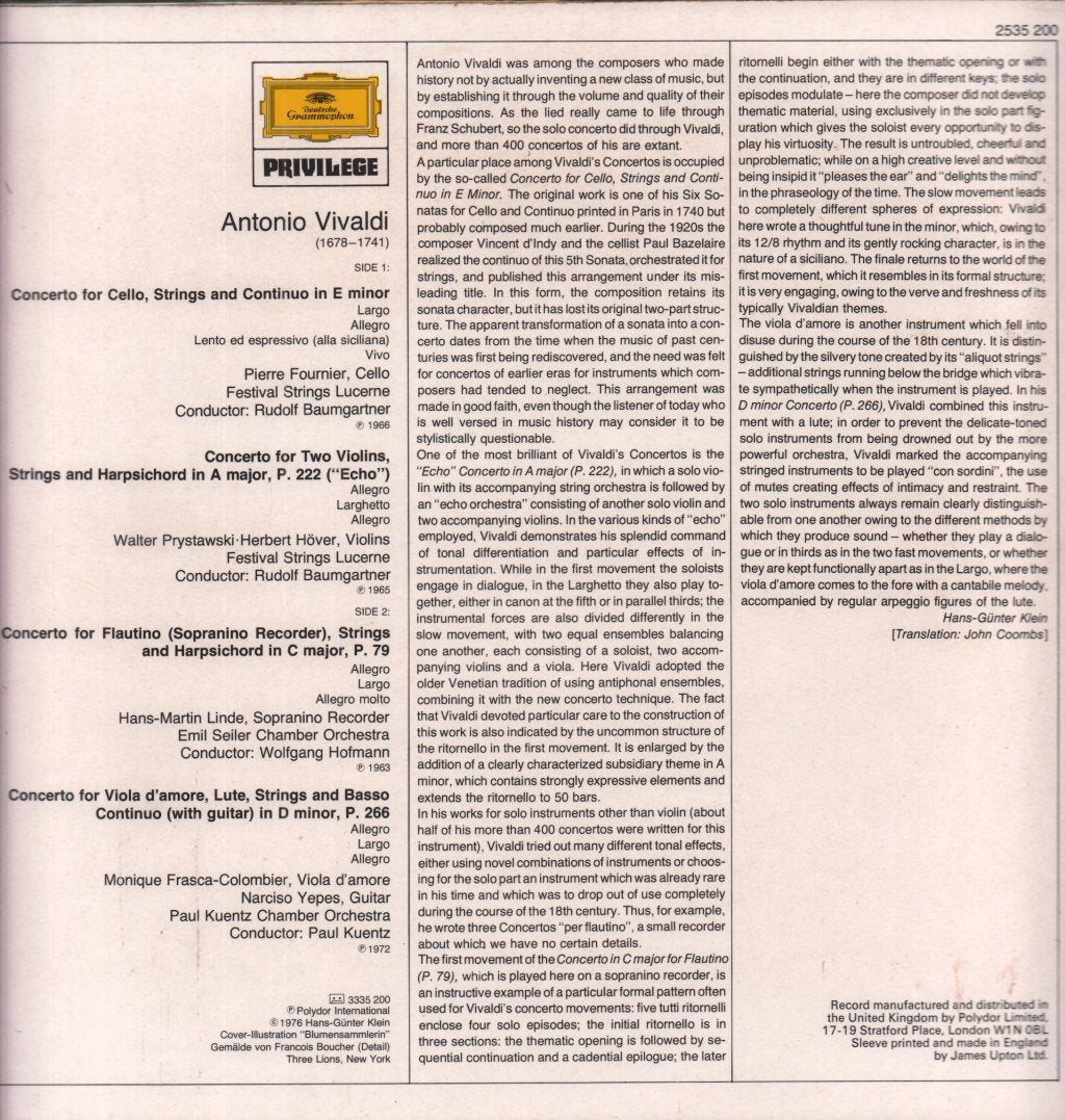 Antonio Vivaldi - Concertos Including The E Minor Cello Concerto - Lp
