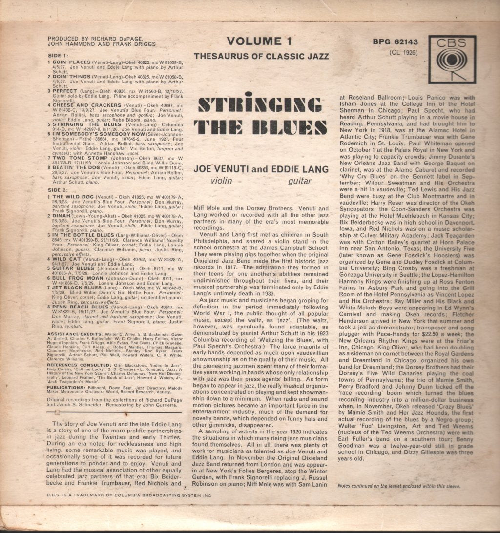Eddie Lang and Joe Venuti - Stringing The Blues Volume One - Lp