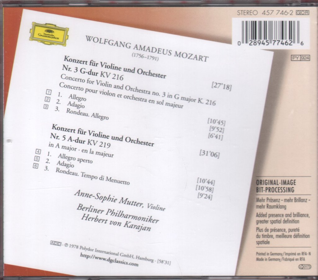 Anne-Sophie Mutter / Herbert Von Karajan / Berliner Philharmoniker - Mozart - Violinkonzerte / Violin Concertos No. 3 KV 216 & No. 5 KV 219 - Cd