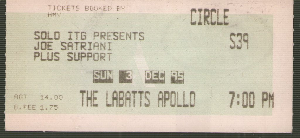 Joe Satriani - Labatts Apollo 3rd Decemeber 1995 - Ticket