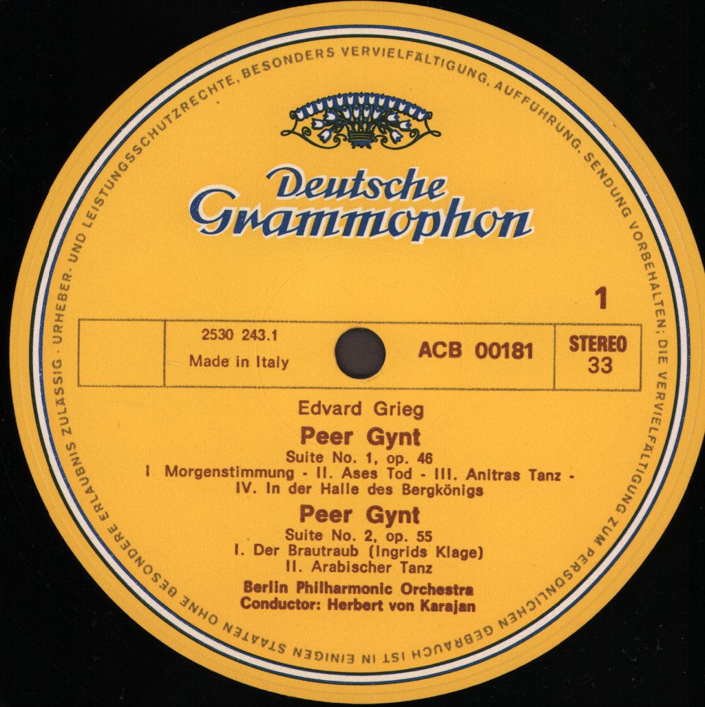 Herbert Von Karajan / Berlin Philharmonic Orchestra - Grieg - Peer Gynt - Suites 1 & 2 - Lp