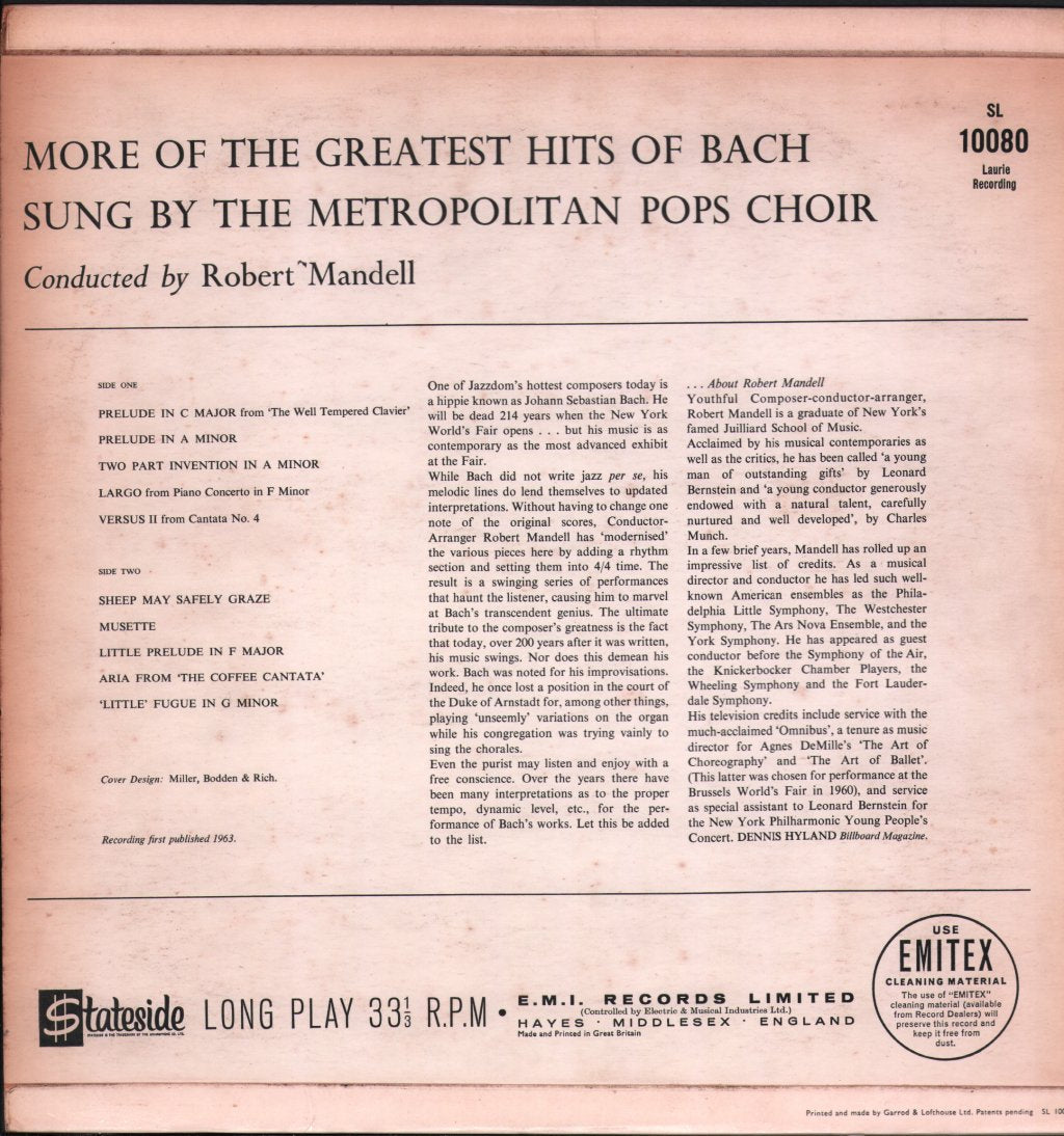 Robert Mandell / Metropolitan Pops Choir - More Of The Greatest Hits Of Bach - Lp