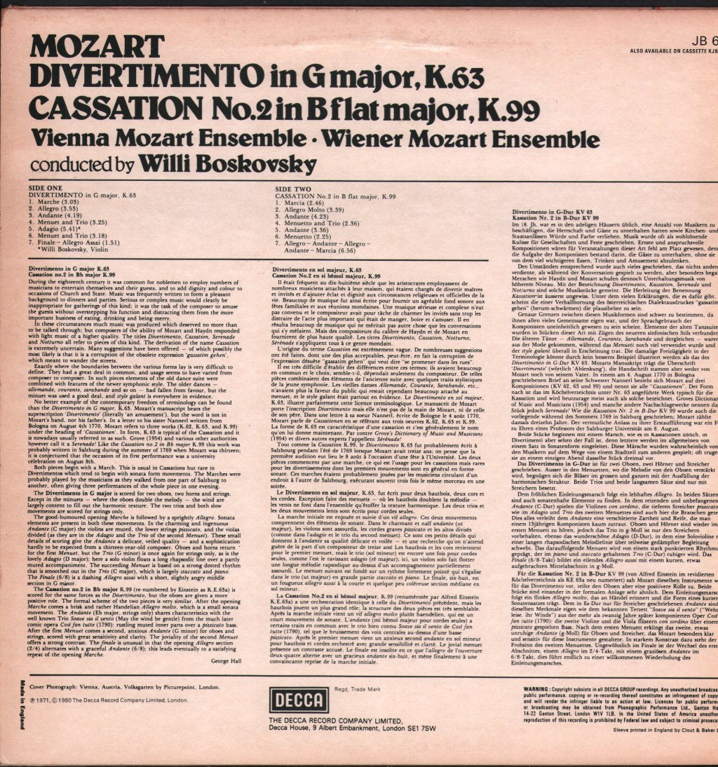 Willi Boskovsky / Vienna Mozart Ensemble - Mozart - Divertimento In G / Cassation No.2 In B Flat - Lp