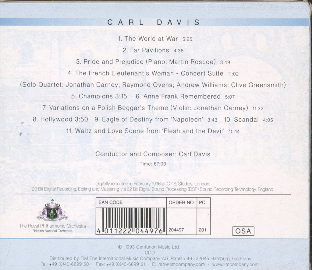 Carl Davis With The Royal Philharmonic Orchestra - Carl Davis - World At War, Pride And Prejudice And Other Great Themes - Cd