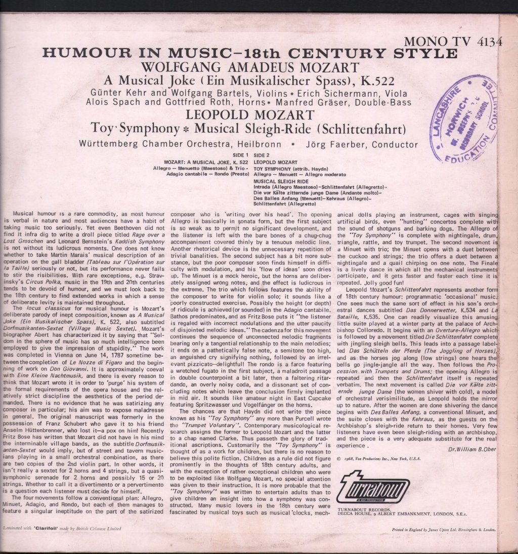 Jorg Faerber / Wurttemberg Chamber Orchestra - Mozart - A Musical Joke, K.522 / Toy Symphony - Lp