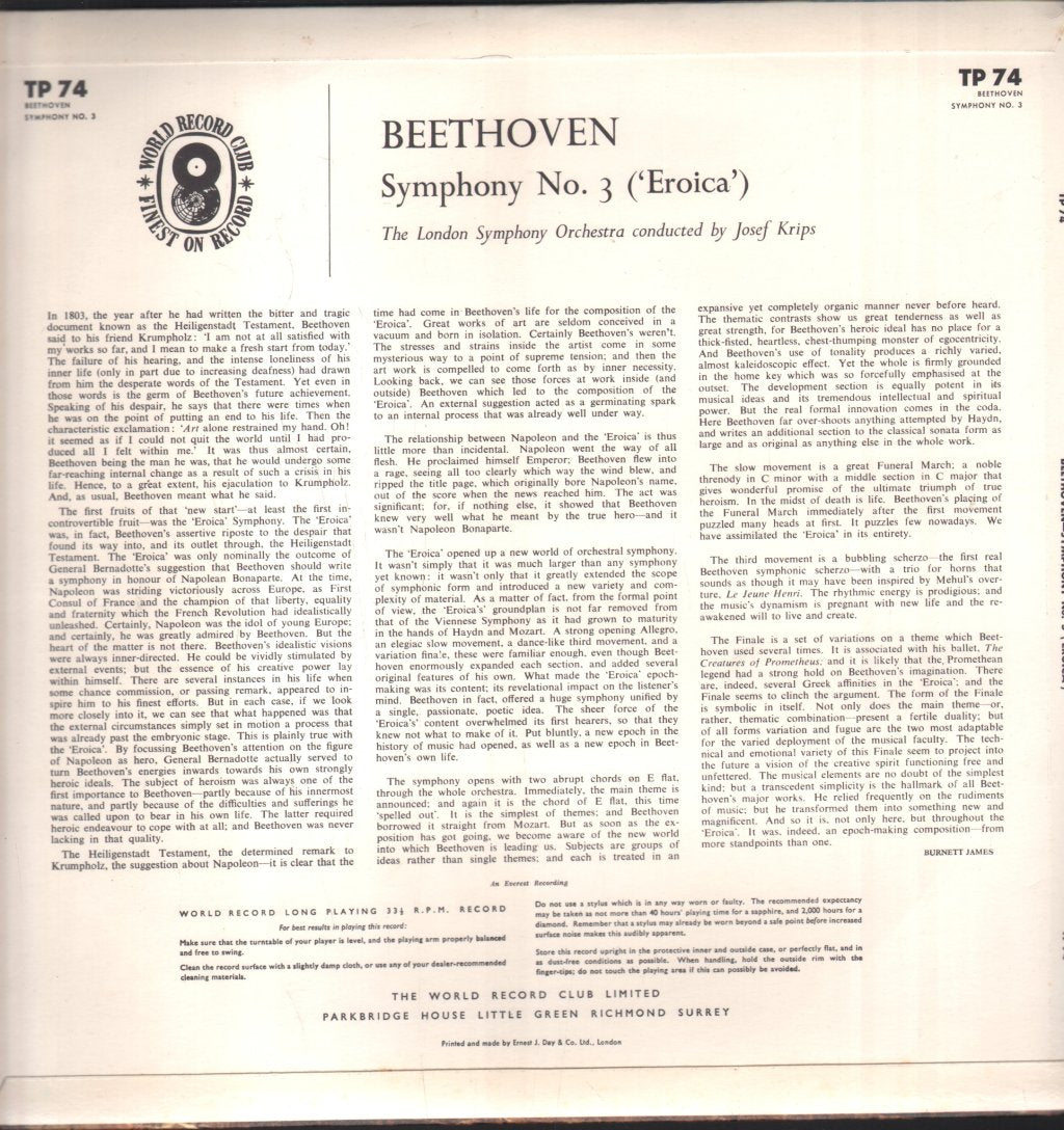 Josef Krips / London Symphony Orchestra - Beethoven - Symphony No. 3 (Eroica) - Lp