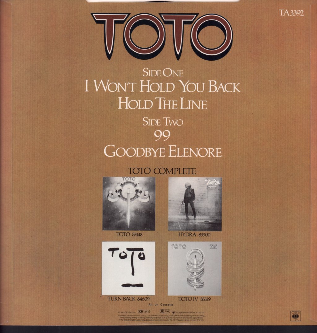 Toto - I Won't Hold You Back - 12 Inch
