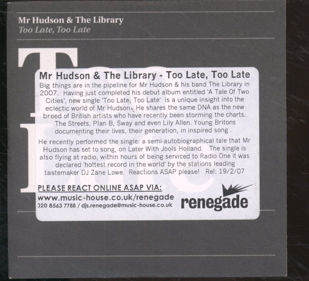 Mr Hudson And The Library - Too Late. Too Late - Cd