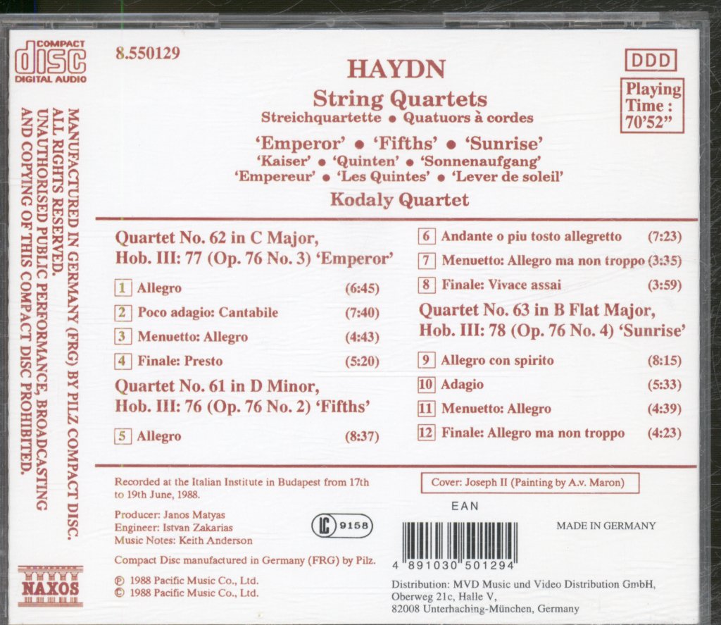 Kodály Quartet - Haydn - String Quartets ('Emperor' • 'Fifths' • 'Sunrise') - Cd