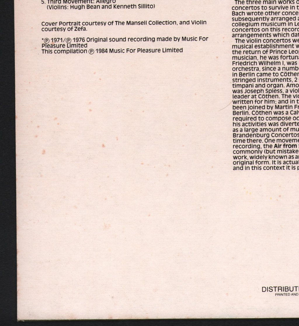 Hugh Bean / Kenneth Sillito / Virtuosi Of England - Bach - Concerto For Two Violins In D Minor - Lp