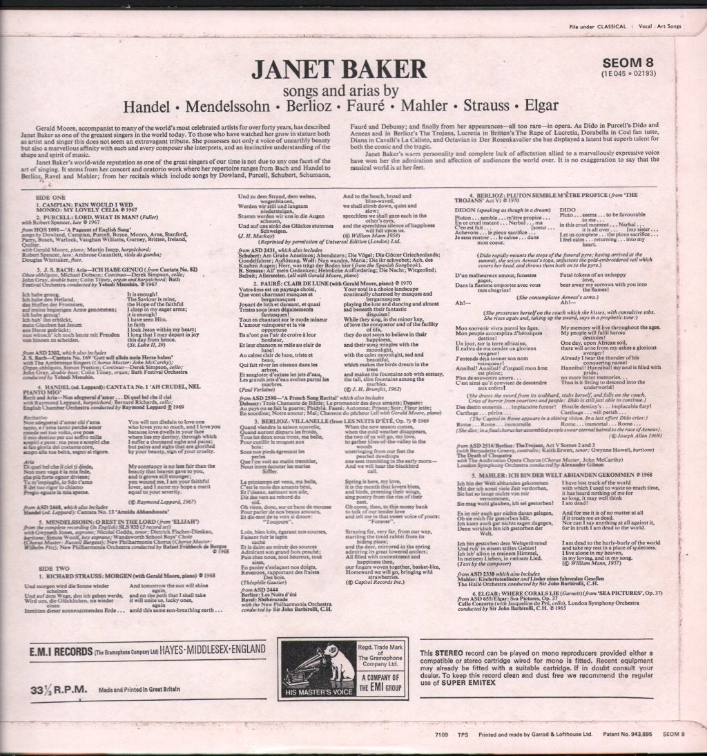 Janet Baker - Songs And Arias By Purcell, J.S. Bach, Handel, Mendelssohn, Berlioz, Fauré, Mahler, Strauss, Elgar - Lp