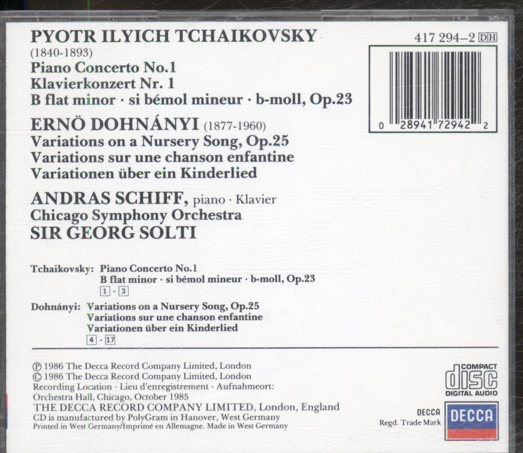 Andras Schiff, Chicago Symphony Orchestra, Sir Georg Solti - Tchaikovsky / Dohnanyi - Piano Concerto No.1; Variations On A Nursery Song. Op. 25 - Cd