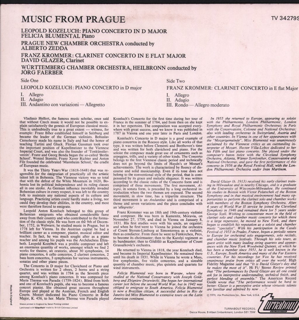 David Glazer / Felicja Blumental - Music From Prague - Krommer Clarinet Concerto / Kozeluch Piano Concerto - Lp