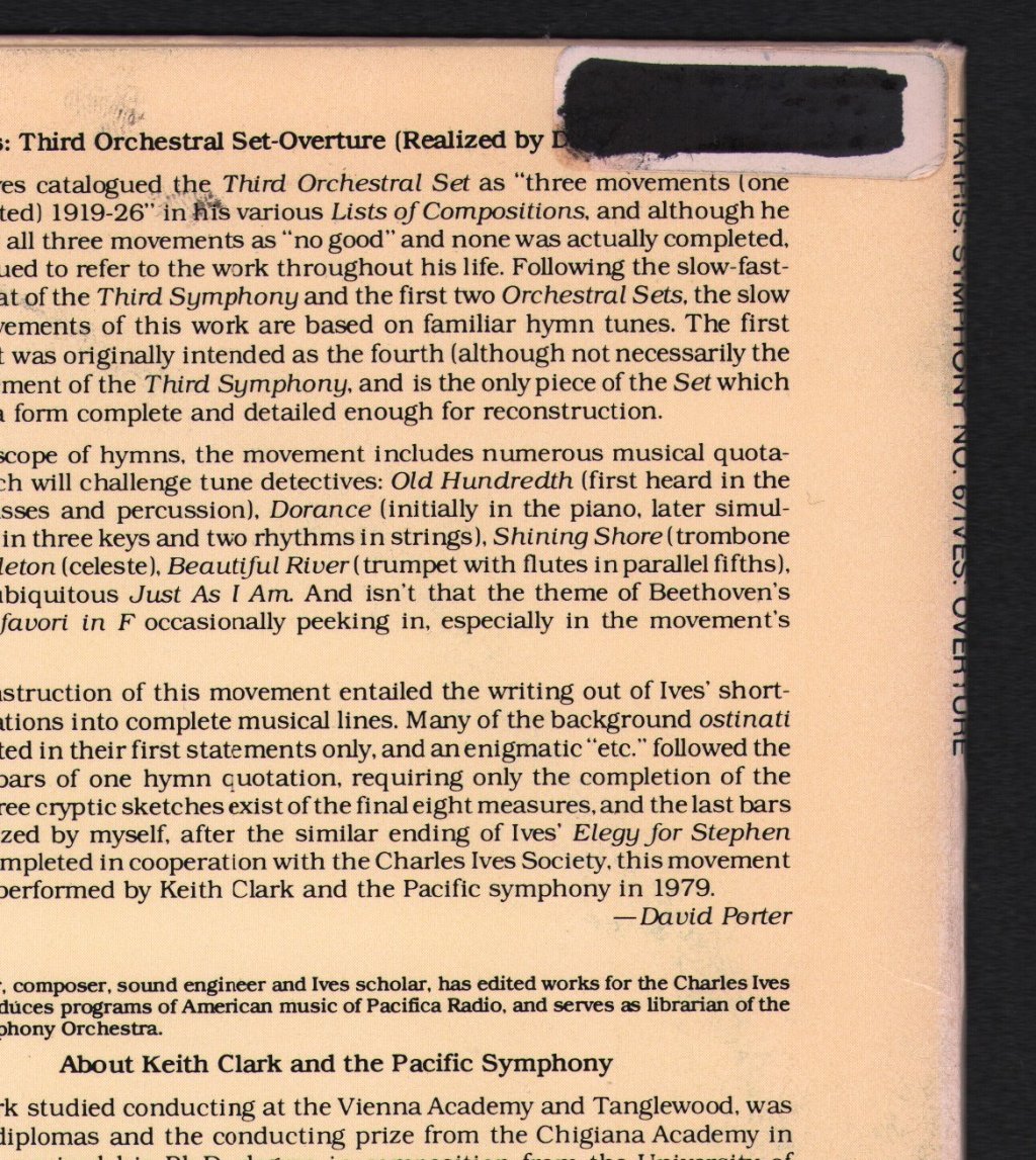 Pacific Symphony Orchestra / Keith Clark - Harris - Symphony No.6 Gettysburg / Ives - Overture From The Third Orchestral Set - Lp