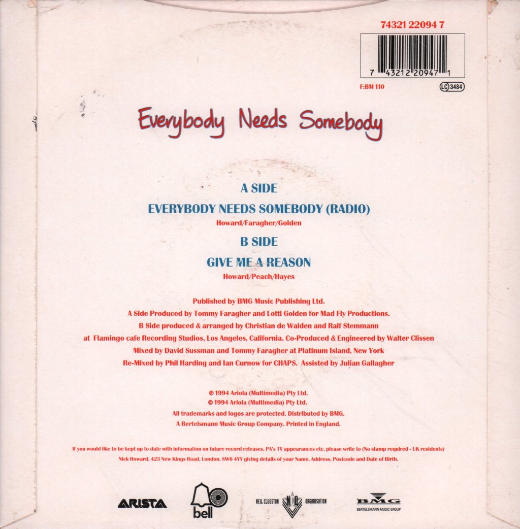 Nick Howard - Everybody Needs Somebody - 7 Inch