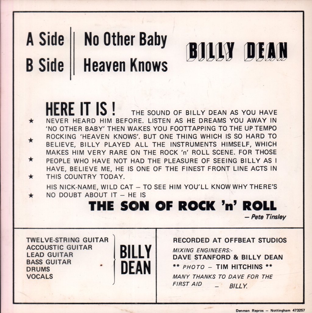 Billy Dean (Rock N Roll) - No Other Baby - 7 Inch