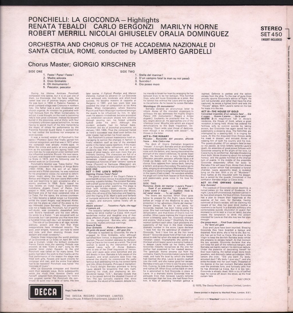 Renata Tebaldi / Carlo Bergonzi / Marilyn Horne / Robert Merrill / Nicola Ghiuselev - Ponchielli - La Gioconda - Highlights - Lp