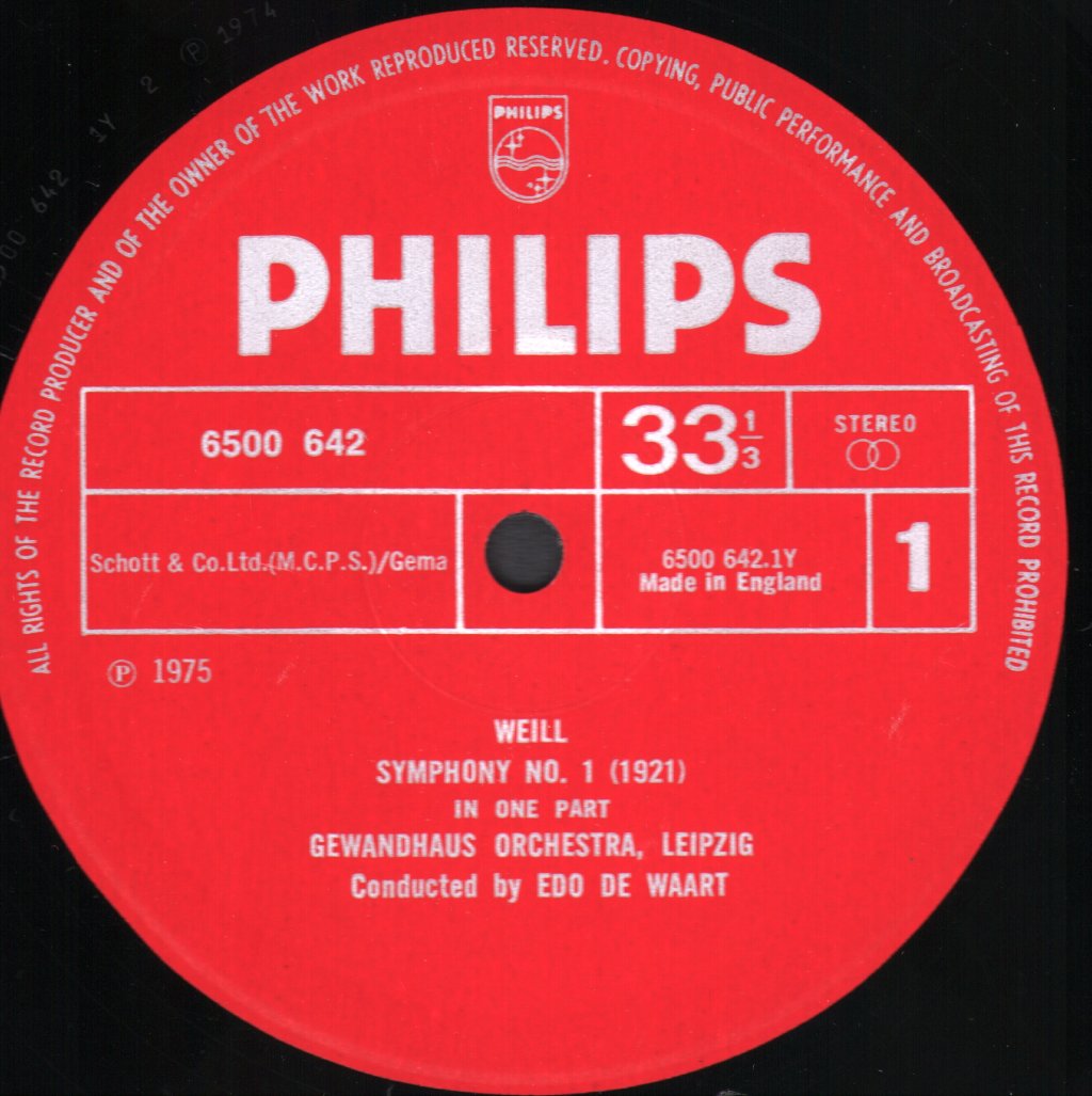 Edo De Waart / Gewandhausorchester, Leipzig - Kurt Weill - Two Symphonies - Lp