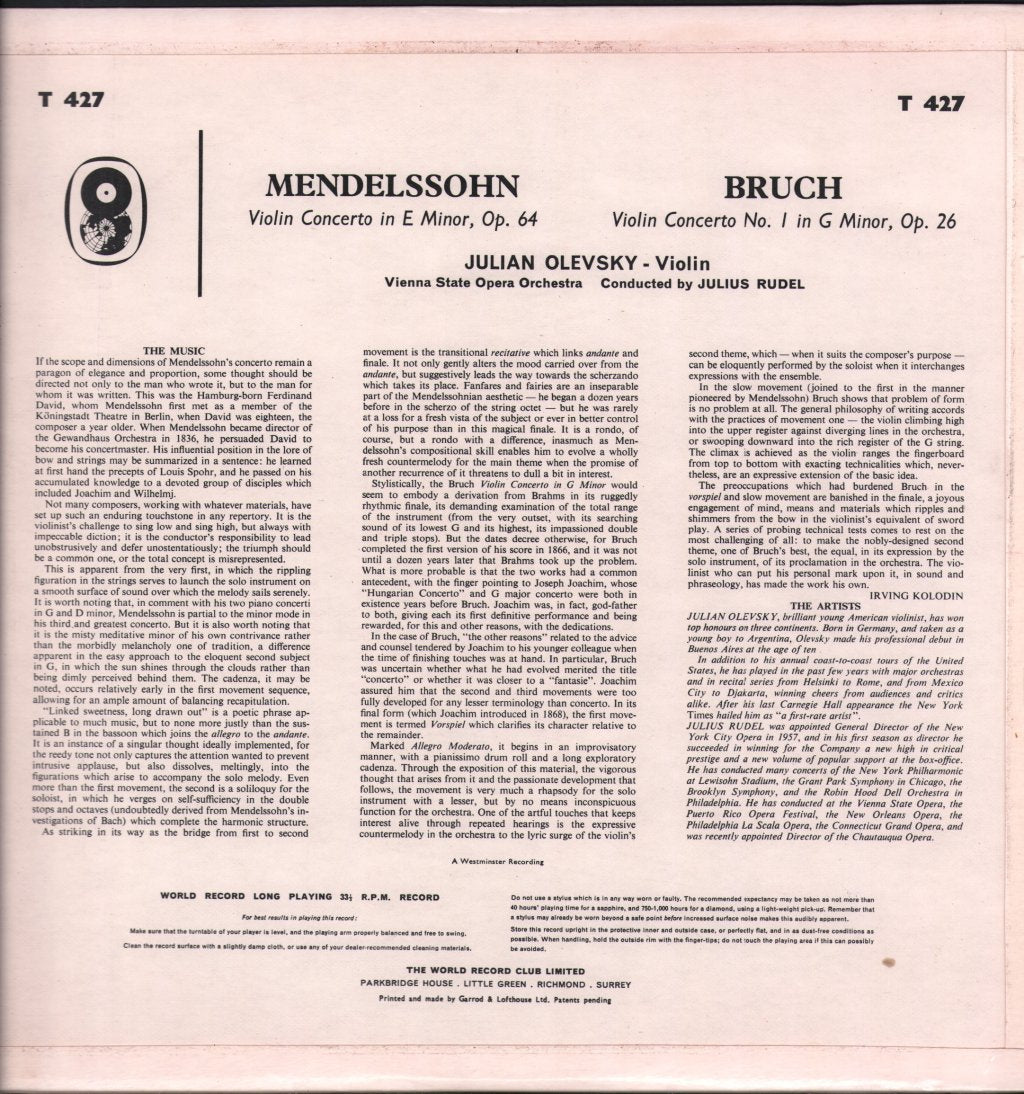 Julian Olevsky / Julius Rudel / Vienna State Opera Orchestra - Mendelssohn - Violin Concerto In E Minor,Op.64 / Bruch - Violin Concerto In G Minor,Op.26 - Lp