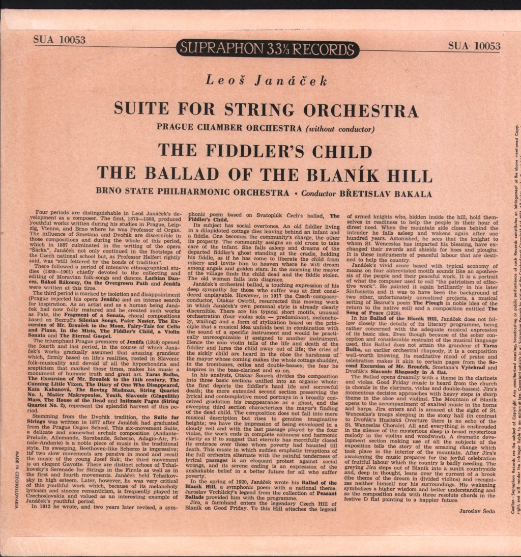 Prague Chamber Orchestra / Klima / State Philharmonic Orchestra BRNO / Bretislav Bakala - Leos Janacek - A Suite For String Orchestra/ The Fiddler"s Child/ The Ballad Of The Blanik Hill - Lp