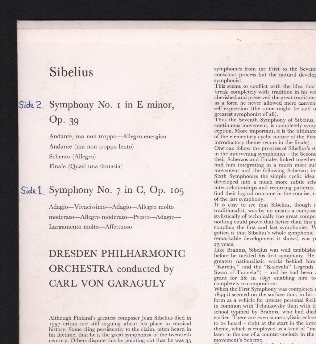 Dresden Philharmonic Orchestra / Carl von Garaguly - Sibelius - Symphony No.1 In E Minor, Op. 39; Symphony No. 7 In C, Op. 105 - Lp