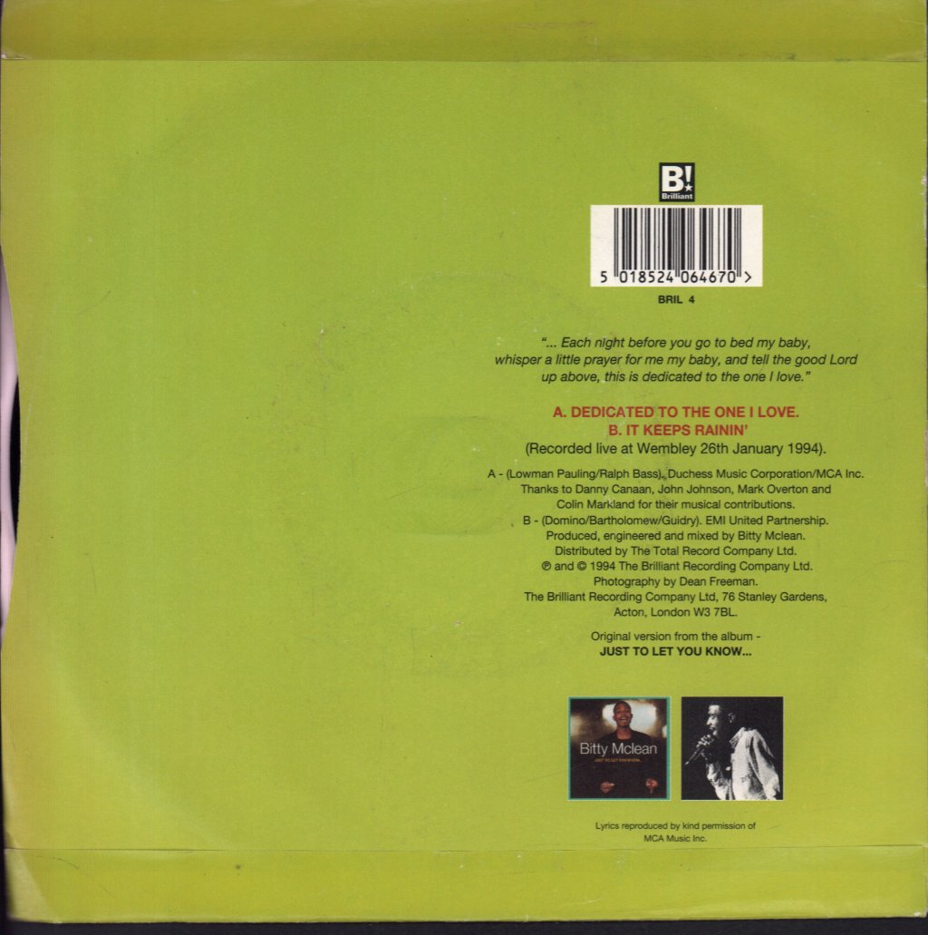 Bitty Mclean - Dedicated To The One I Love - 7 Inch