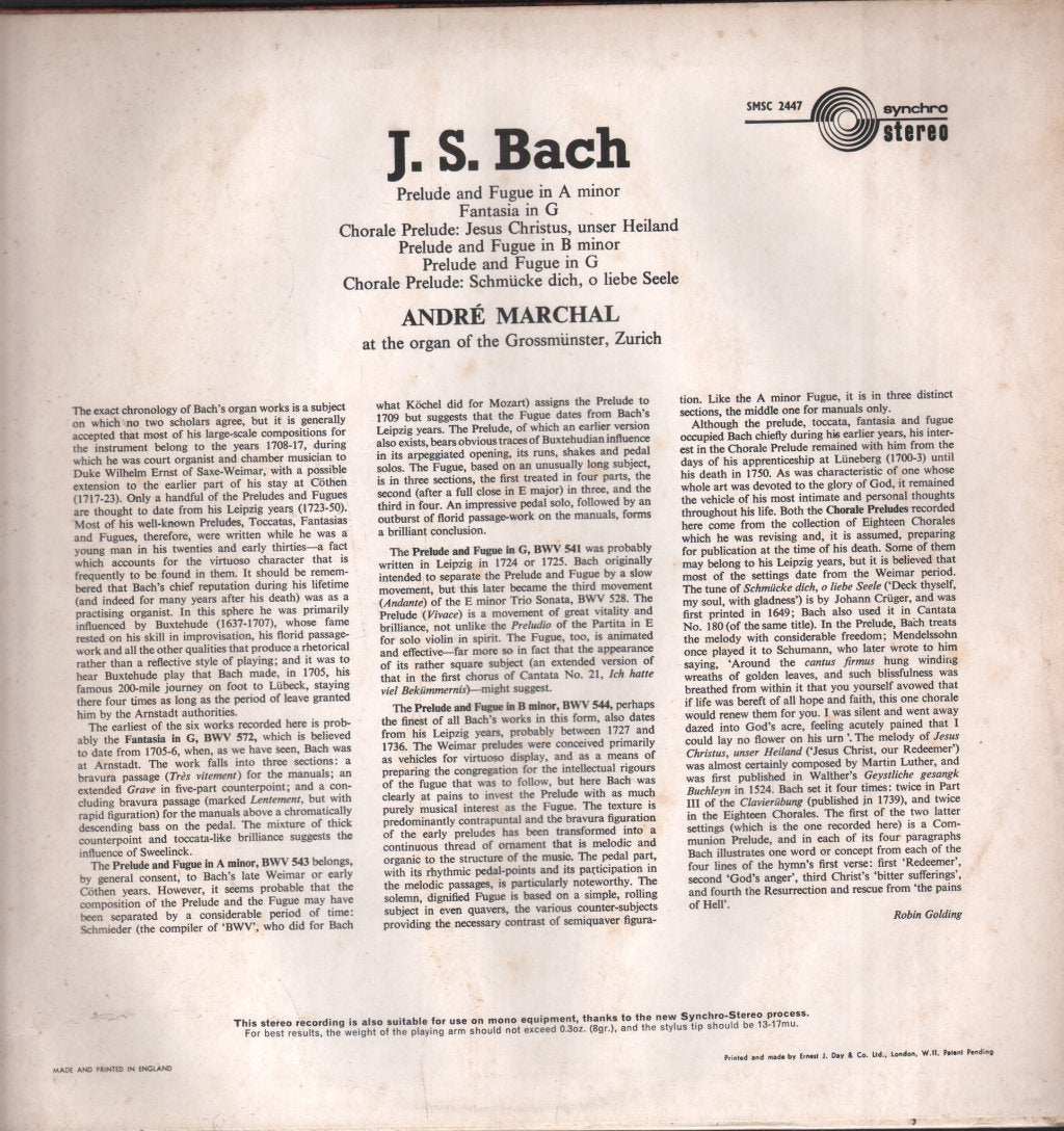 André Marchal - André Marchal Plays J.S. Bach (At The Organ Of The Grossmünster, Zurich) - Lp