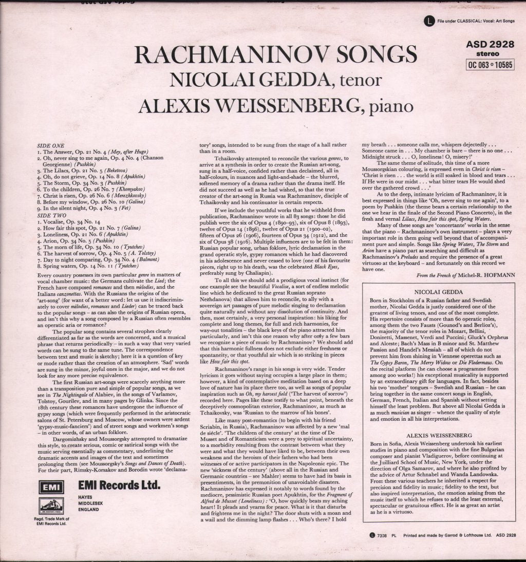 Nicolai Gedda / Alexis Weissenberg - Rachmaninov Songs - Lp