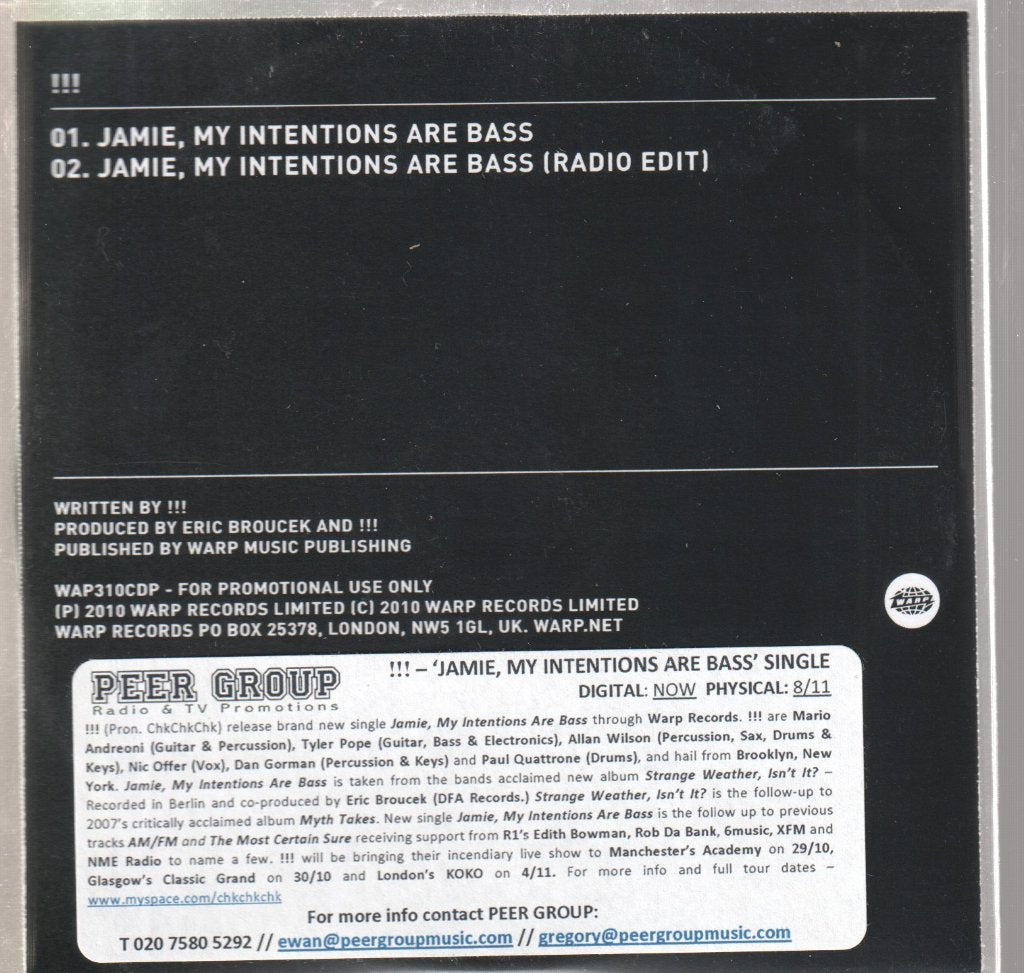 Chk Chk Chk !!! - Jamie, My Intentions Are Bass - Cdr
