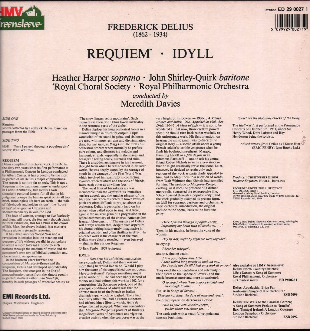 Heather Harper / John Shirley-Quirk / Meredith Davies / Royal Philharmonic Orchestra - Delius - Requiem / Idyll (Once I Passed Through A Populous City - Lp