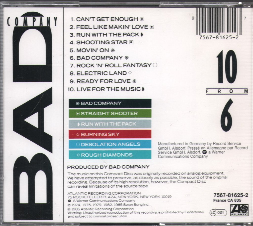 Bad Company - 10 From 6 - Cd