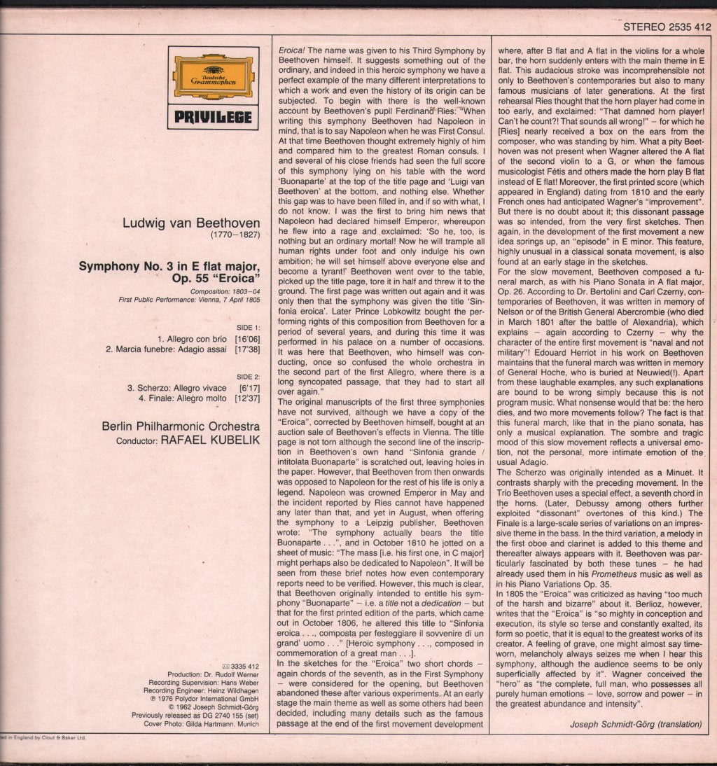 Rafael Kubelik / Berlin Philharmonic Orchestra - Beethoven - Symphony No. 3 'Eroica' - Lp