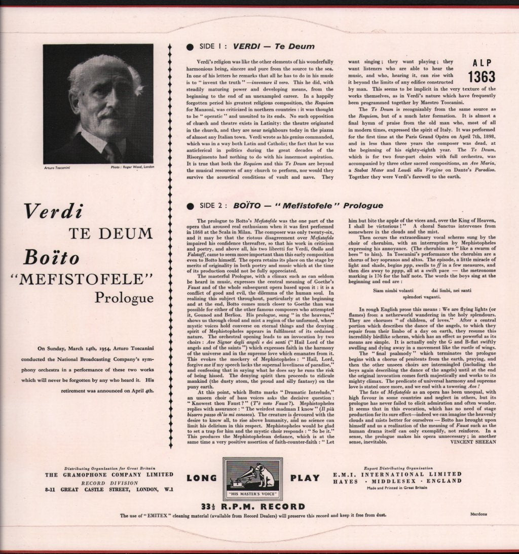 Arturo Toscanini / Nicola Moscona / Robert Shaw Chorale / NBC Symphony Orchestra - Verdi - Te Deum / Boito - "Mefistofele" Prologue - Lp