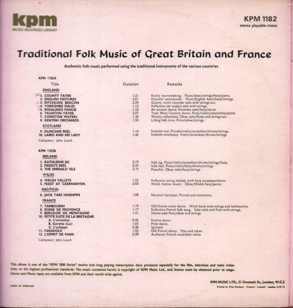John Leach - Traditional Folk Music Of Great Britain And France - Lp