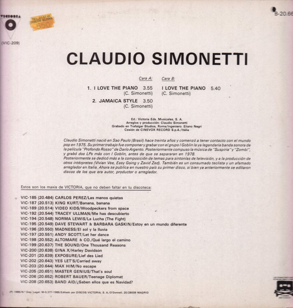 Claudio Simonetti - I Love The Piano - 12 Inch
