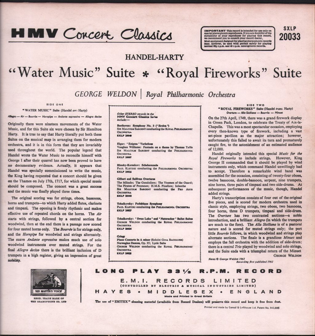 George Weldon / Royal Philharmonic Orchestra - Handel-Harty - Water Music Suite / Royal Fireworks Suite - Lp