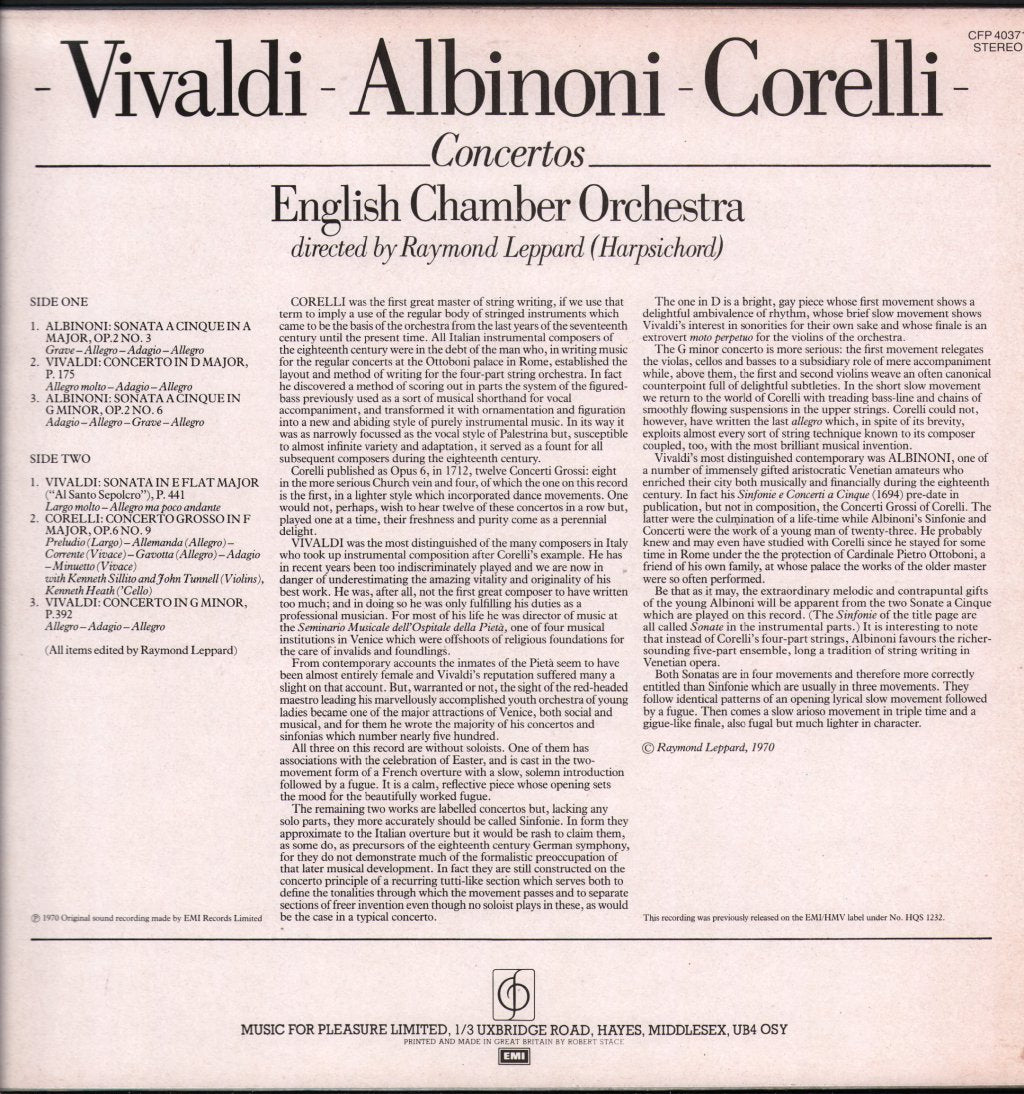 Raymond Leppard / English Chamber Orchestra - Vivaldi / Albinoni / Corelli Concertos - Lp