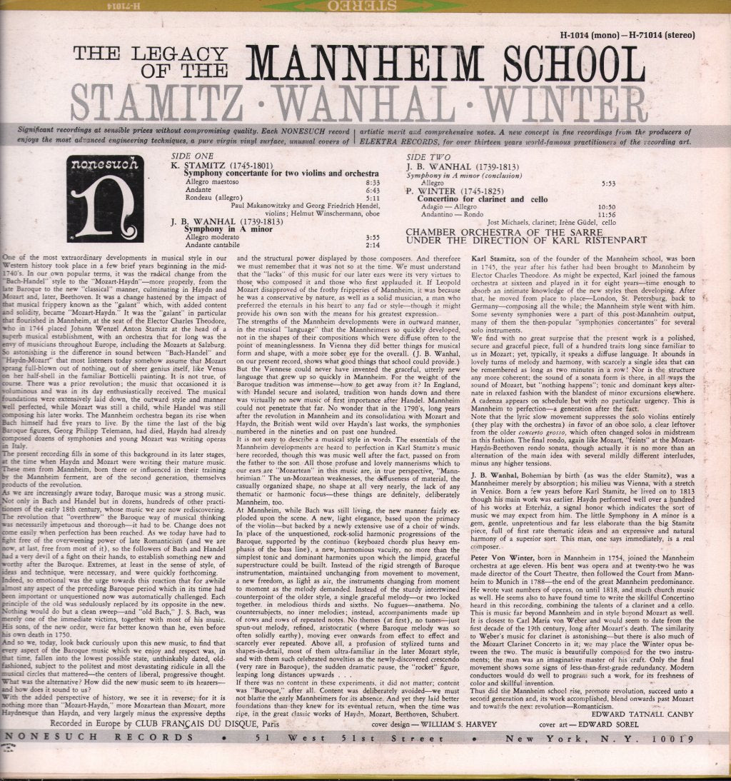 Chamber Orchestra of The Sarre / Karl Ristenpart - Legacy Of The Mannheim School - Stamitz / Wanhal / Winter - Lp