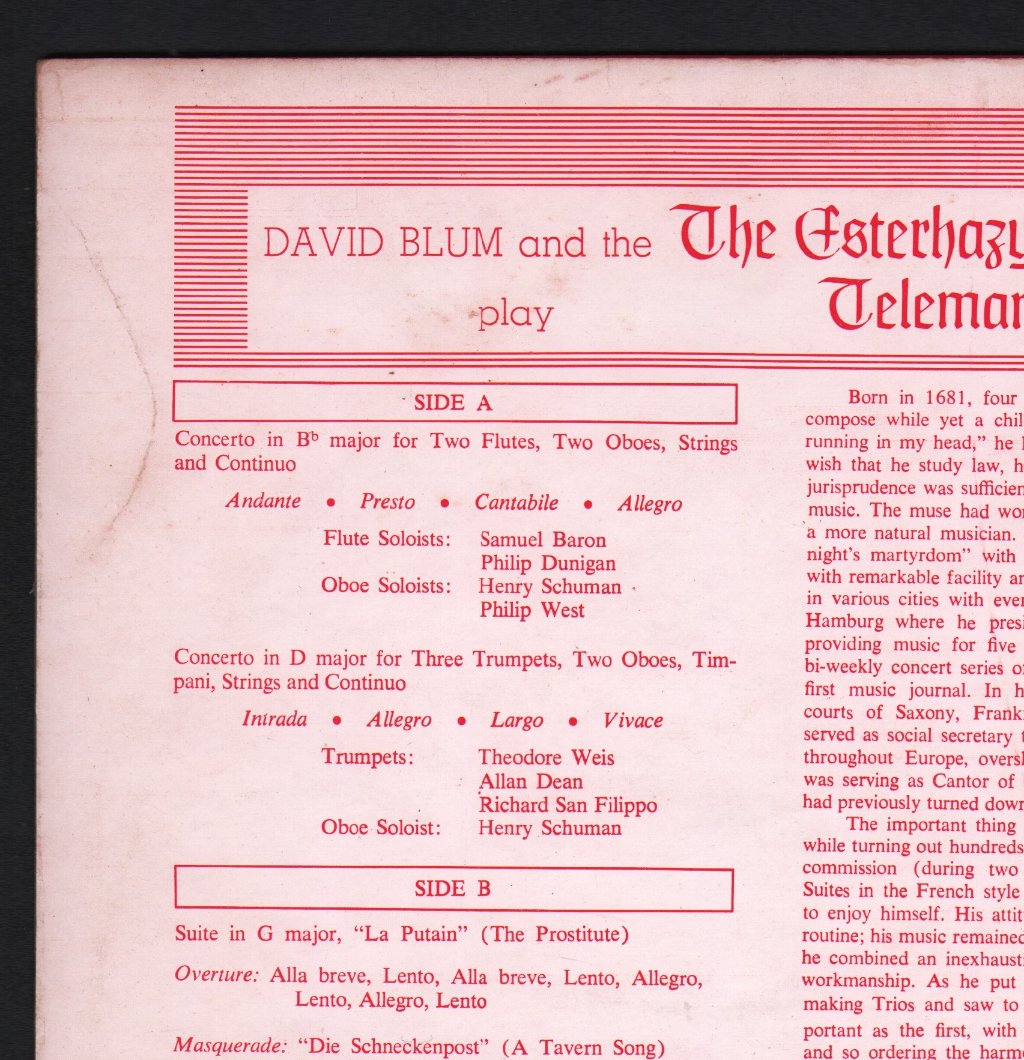 Esterhazy Orchestra / David Blum - Telemann - Suite in G 'La Putain' - Lp