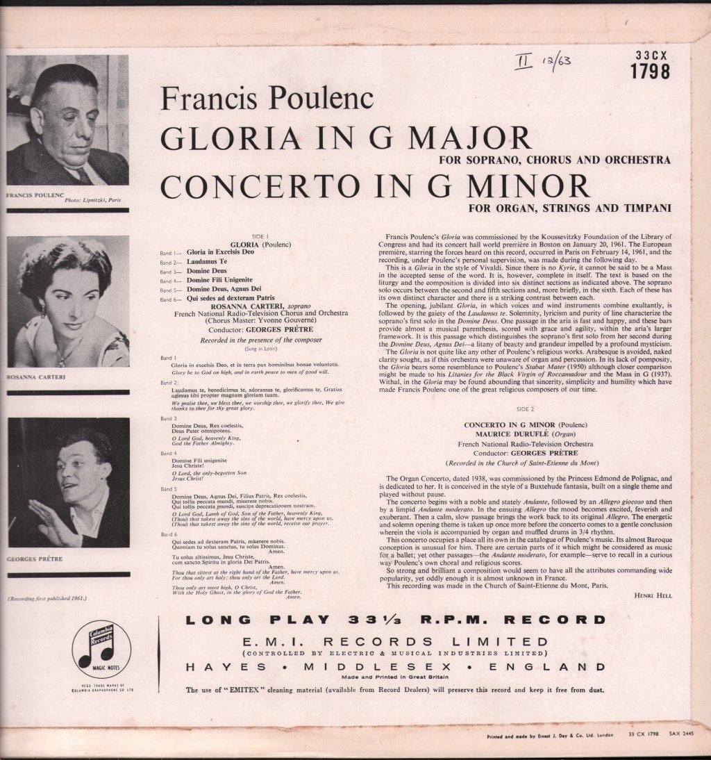 Rosanna Carteri / Maurice Durufle / Georges Pretre / French National Radio And Television Orchestra - Francis Poulenc - Gloria / Concerto For Organ - Lp