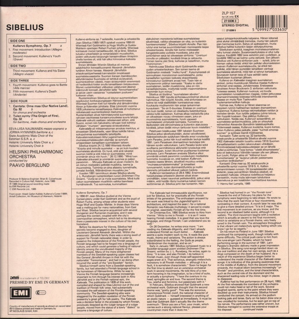 Paavo Berglund / Helsinki Philharmonic Orchestra / Eeva-Liisa Naumanen / Jorma Hynninen - Sibelius - Kullervo - The Origin Of Fire / Our Native Land - Double Lp