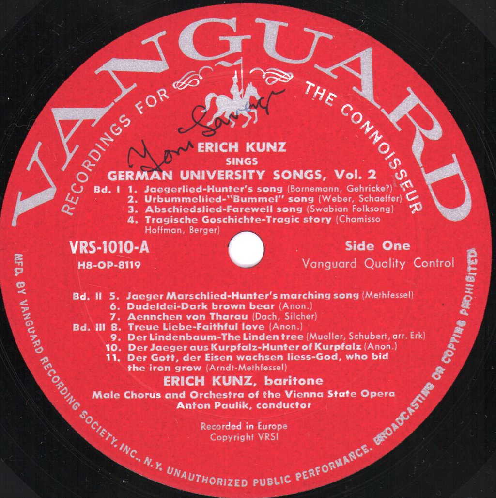 Erich Kunz - Erich Kunz Sings German University Songs Of Wooing, Wit And Wanderlust, Vol. 2 - Lp
