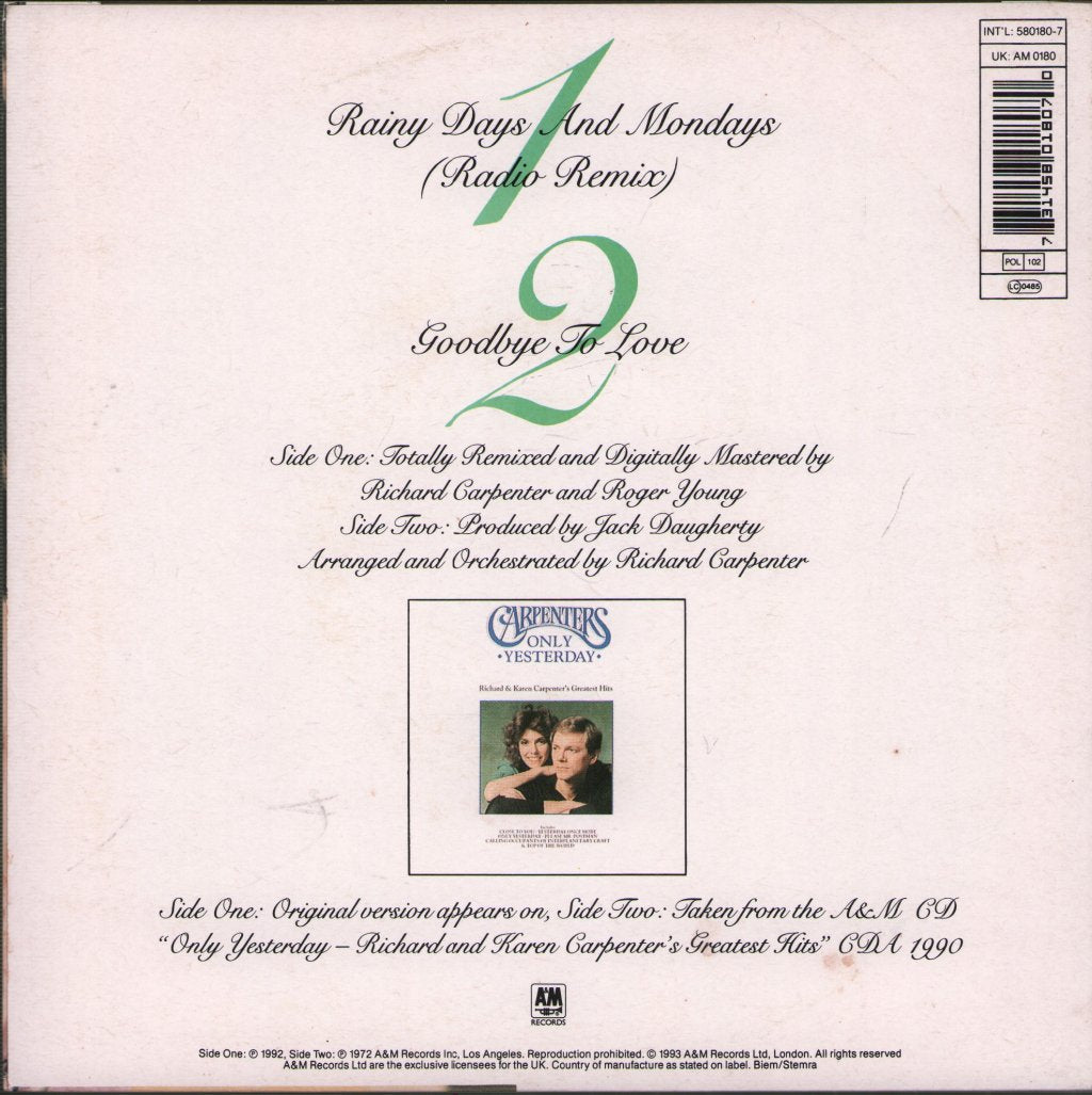 Carpenters - Rainy Days And Mondays - 7 Inch