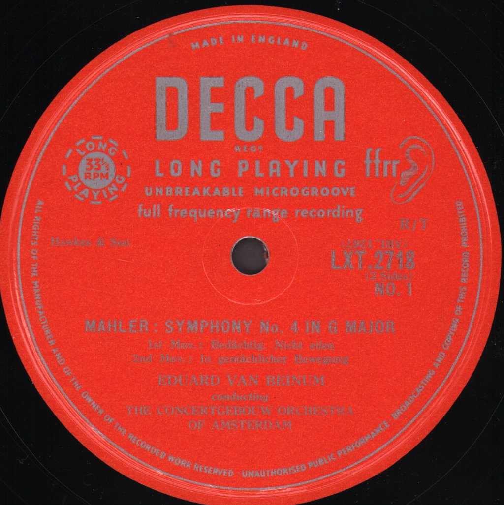 Eduard Van Beinum / Concertgebouw Orchestra Of Amsterdam With Margaret Ritchie - Mahler - Symphony No. 4 In G Major - Lp