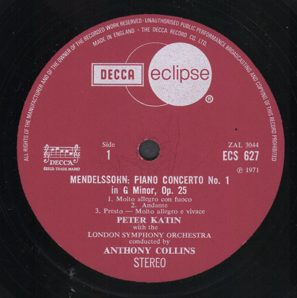 Peter Katin - Mendelssohn Piano Concertos 1 And 2 - Lp