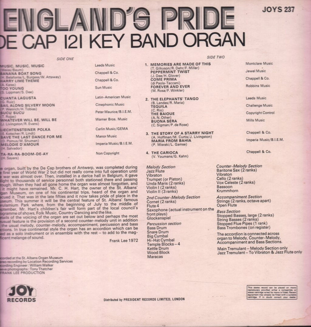 De Cap 121 Key Band Organ - England's Pride - Lp