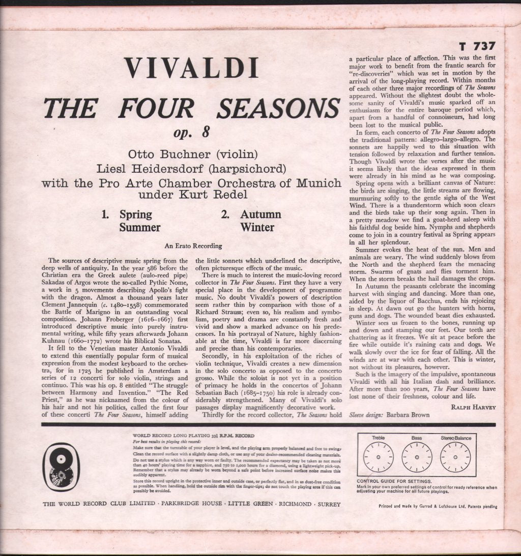 Otto Buchner / Liesl Heidersdorf / Pro Arte Chamber Orchestra / Kurt Redel - Vivaldi - Four Seasons - Lp