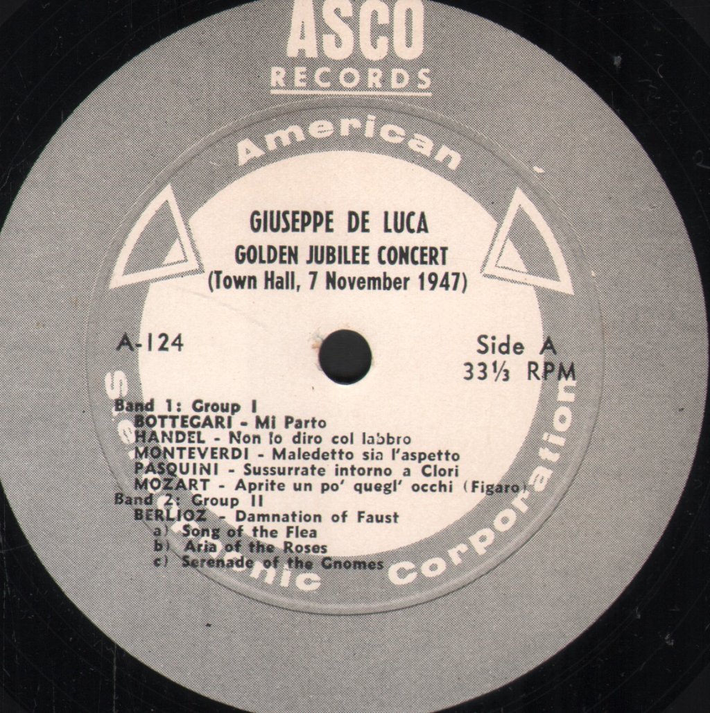 Giuseppe De Luca - Golden Jubilee Concert - Town Hall, 7 November 1947 - Lp