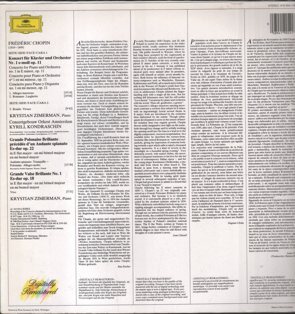 Krystian Zimerman / Kiril Kondrashin / Concertgebouw Orchestra - Frederic Chopin - Piano Concerto No. 1 - Lp